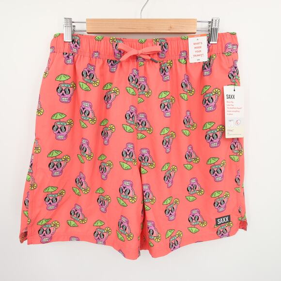 SAXX Swim Trunks Board Volley Shorts Pink Skull Print Quick Dry Oh Buoy L NWT - Picture 1 of 14